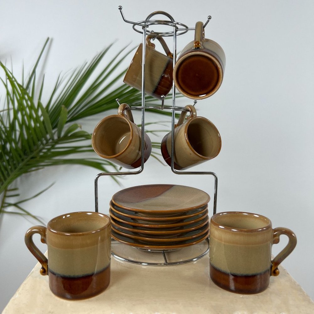 Vintage 90s Cottage Cabin Core Brown 6 Piece Ceramic Expresso & Saucer Set - Picture 3 of 4